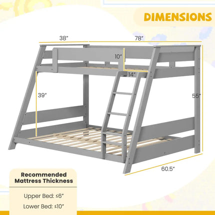 Twin Over Full Low Bunk Bed with Reversible Ladder-Gray - Gray - Bunk Bed Frame