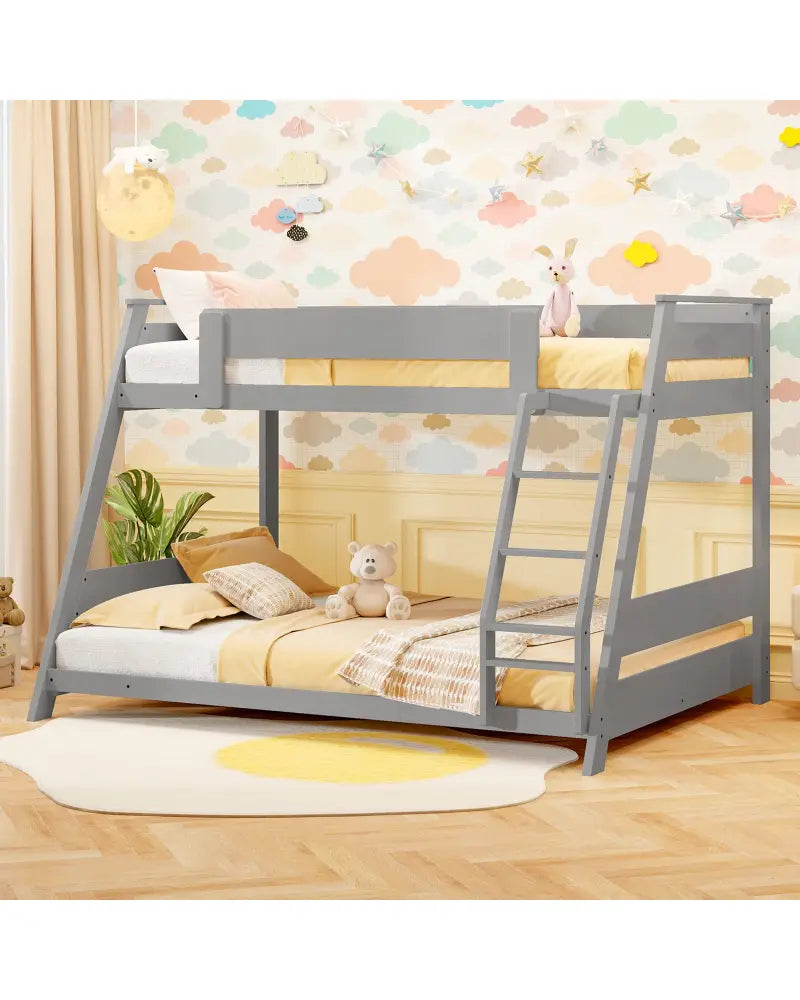 Twin Over Full Low Bunk Bed with Reversible Ladder-Gray - Gray - Bunk Bed Frame