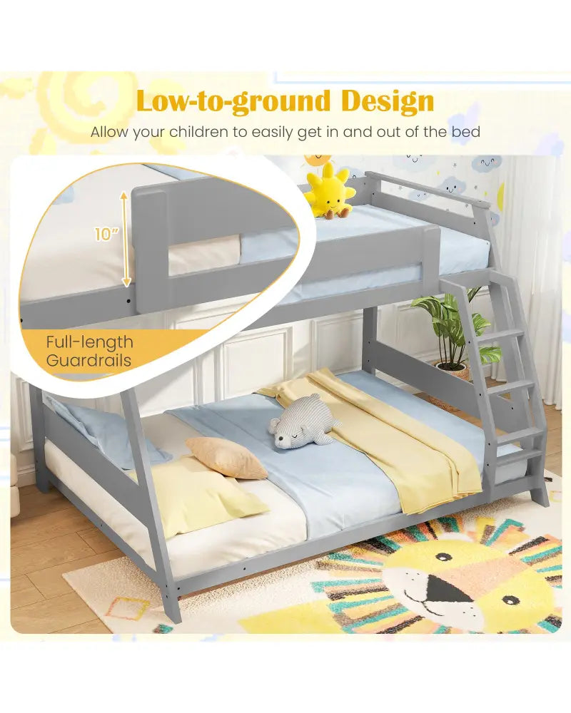 Twin Over Full Low Bunk Bed with Reversible Ladder-Gray - Gray - Bunk Bed Frame
