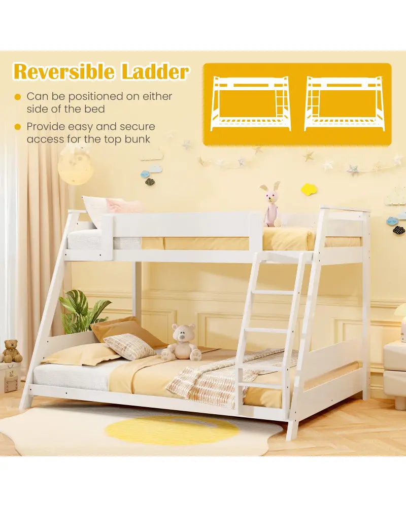 Twin Over Full Low Bunk Bed with Reversible Ladder-White - White - Bunk Bed Frame