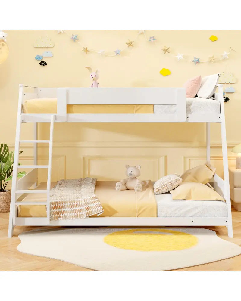 Twin Over Full Low Bunk Bed with Reversible Ladder-White - White - Bunk Bed Frame