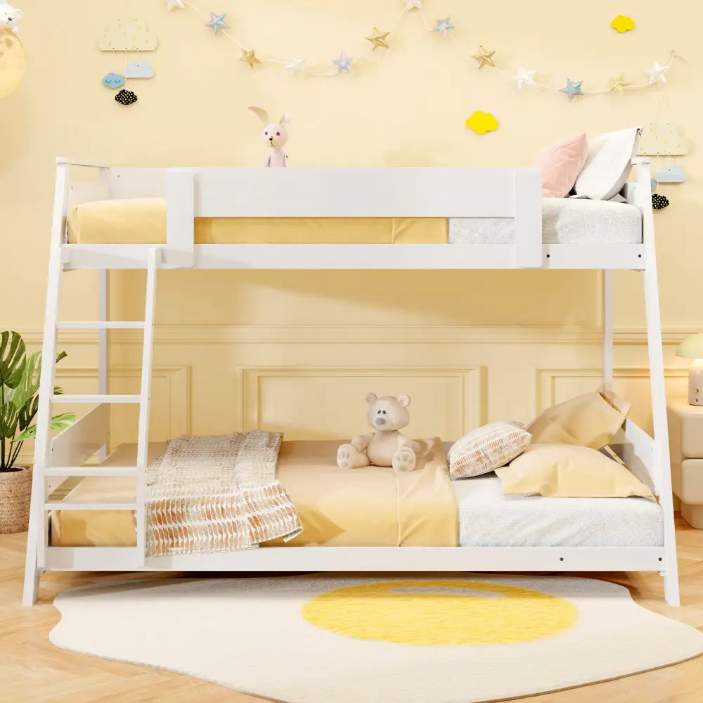 Twin Over Full Low Bunk Bed with Reversible Ladder-White - White - Bunk Bed Frame