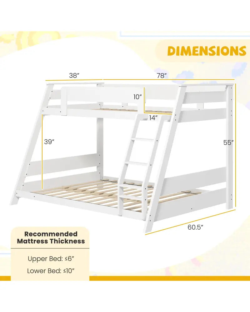Twin Over Full Low Bunk Bed with Reversible Ladder-White - White - Bunk Bed Frame