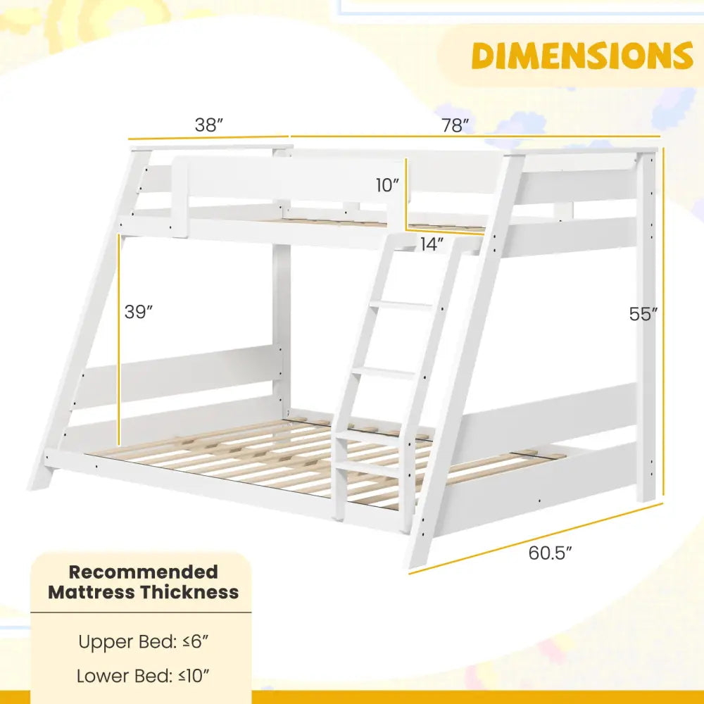 Twin Over Full Low Bunk Bed with Reversible Ladder-White - White - Bunk Bed Frame