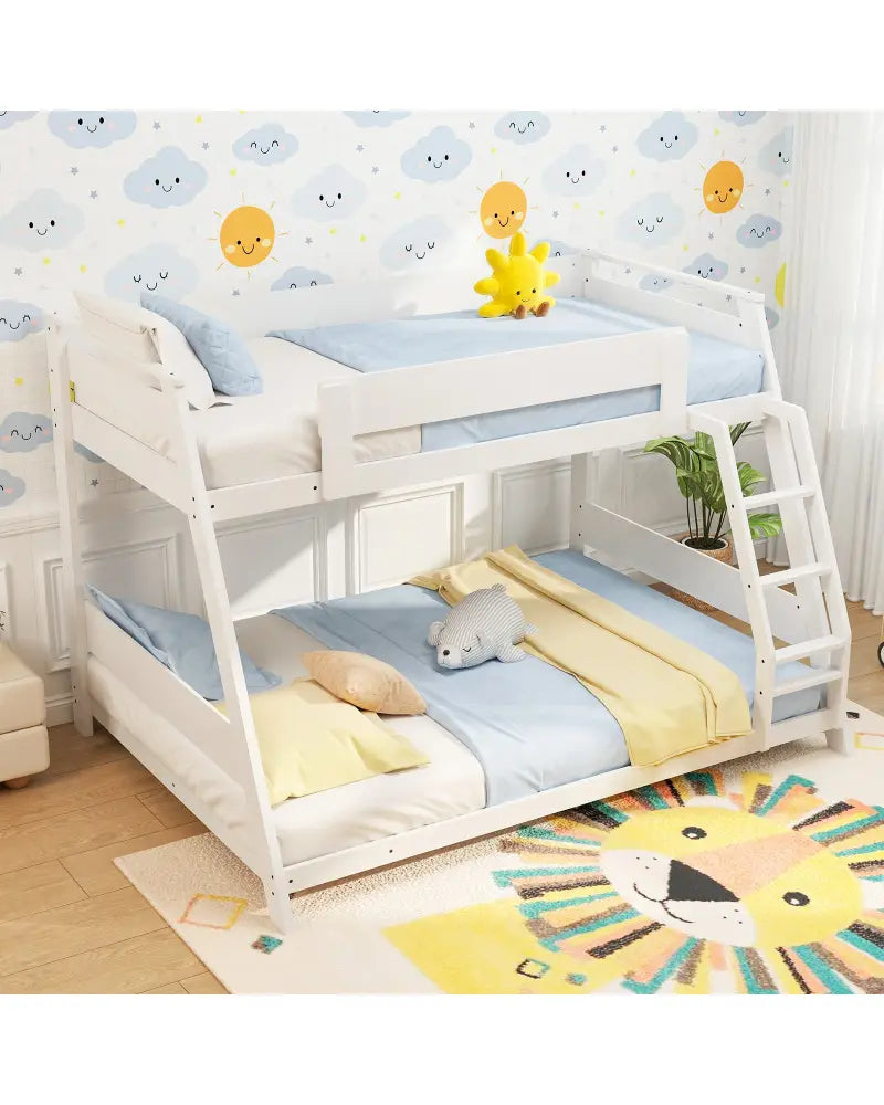 Twin Over Full Low Bunk Bed with Reversible Ladder-White - White - Bunk Bed Frame