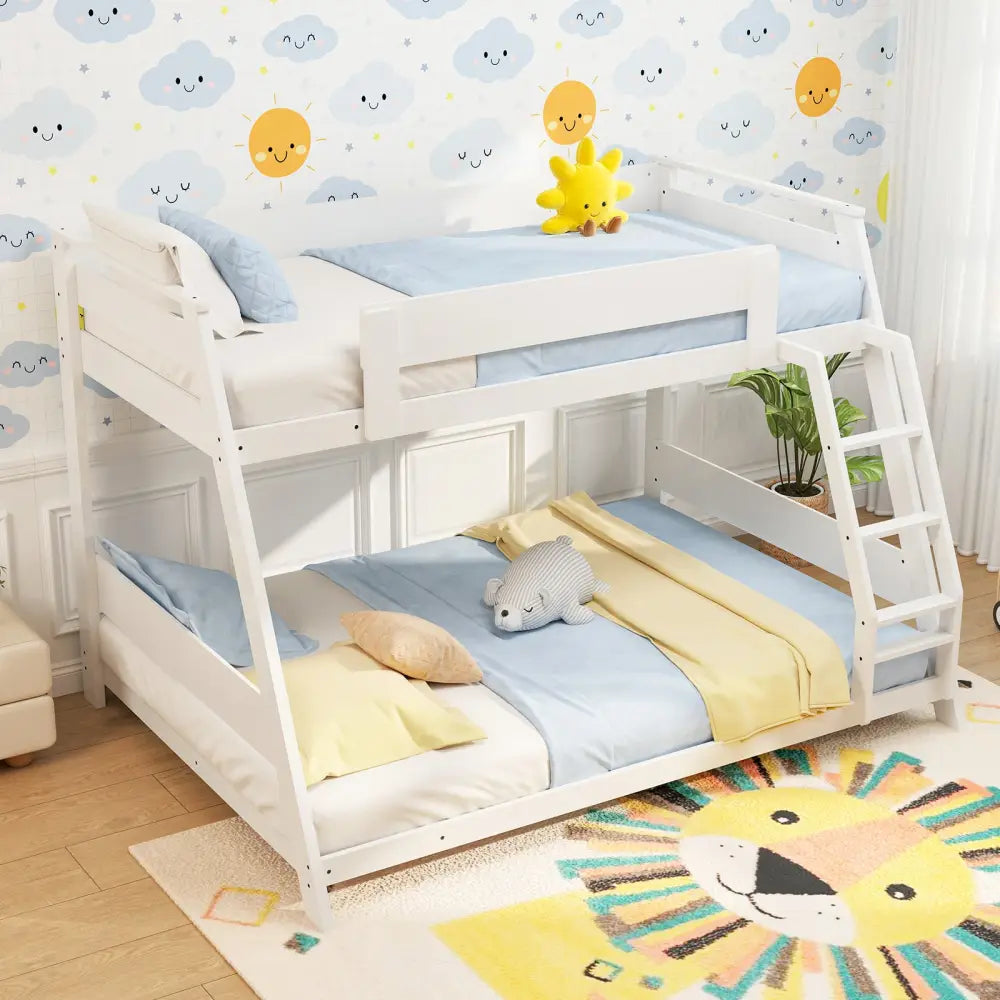 Twin Over Full Low Bunk Bed with Reversible Ladder-White - White - Bunk Bed Frame