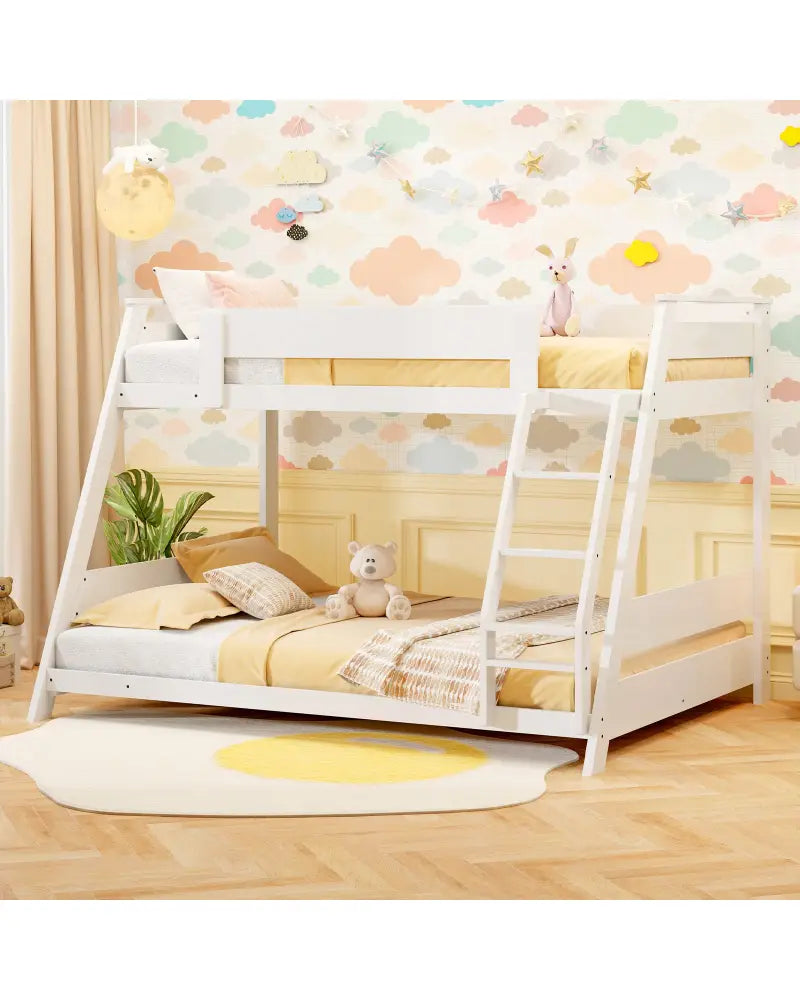 Twin Over Full Low Bunk Bed with Reversible Ladder-White - White - Bunk Bed Frame