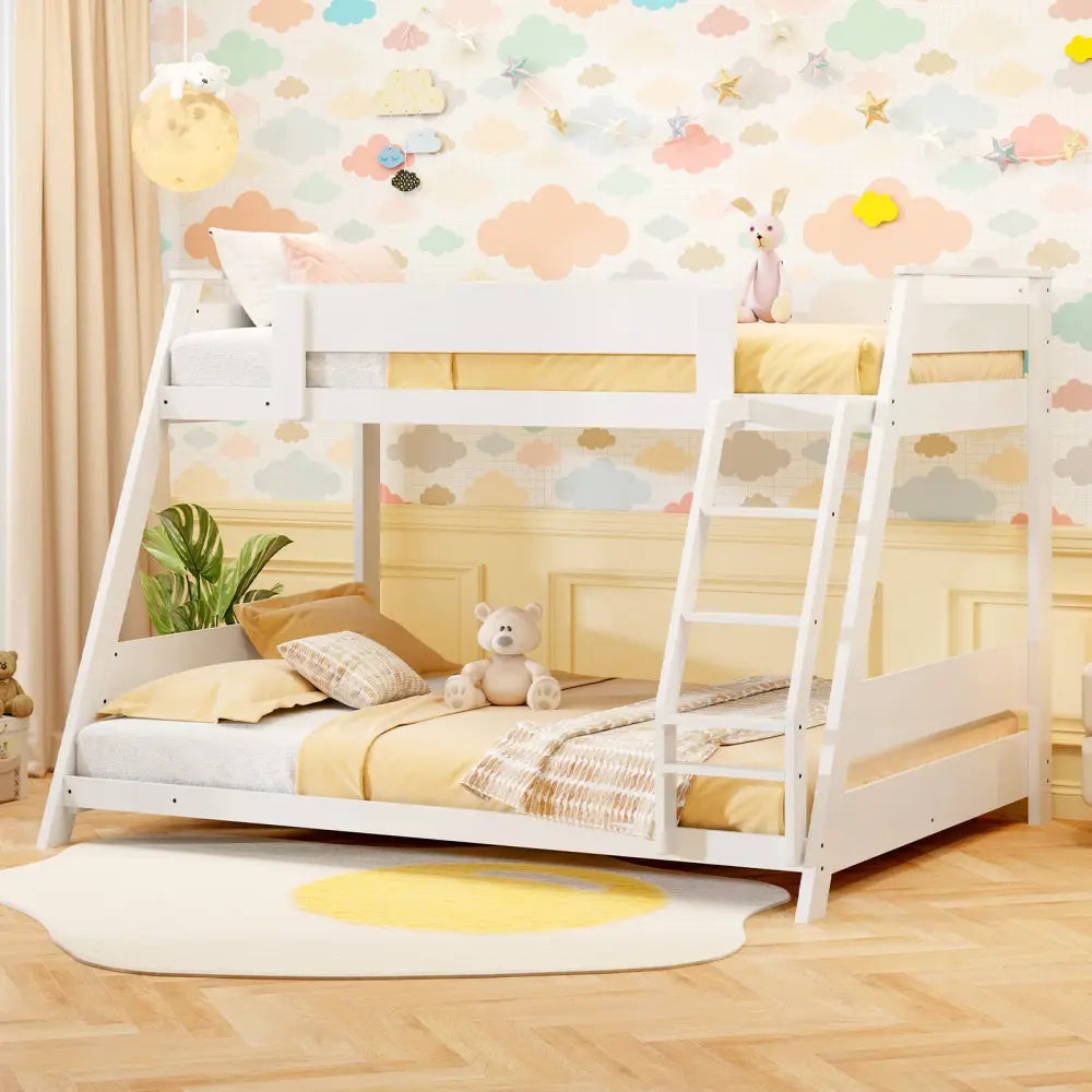 Twin Over Full Low Bunk Bed with Reversible Ladder-White - White - Bunk Bed Frame