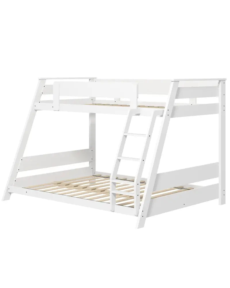 Twin Over Full Low Bunk Bed with Reversible Ladder-White - White - Bunk Bed Frame