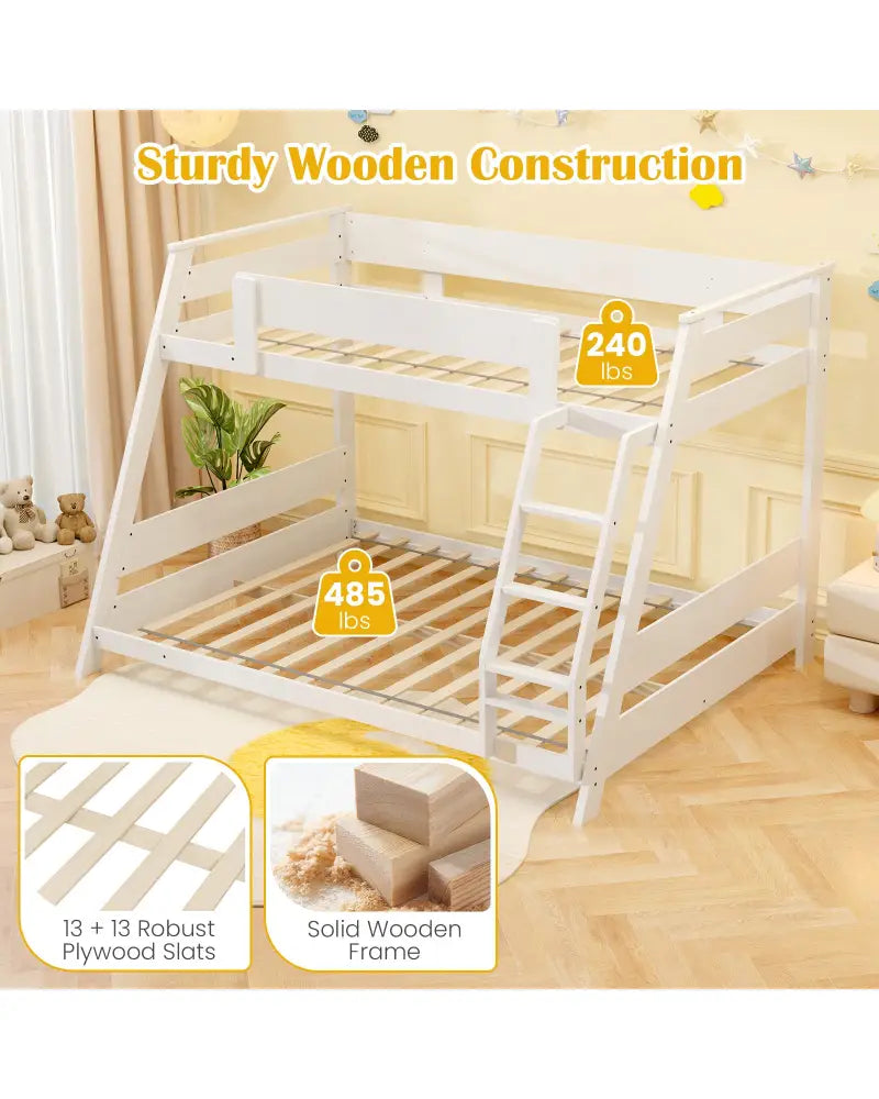 Twin Over Full Low Bunk Bed with Reversible Ladder-White - White - Bunk Bed Frame