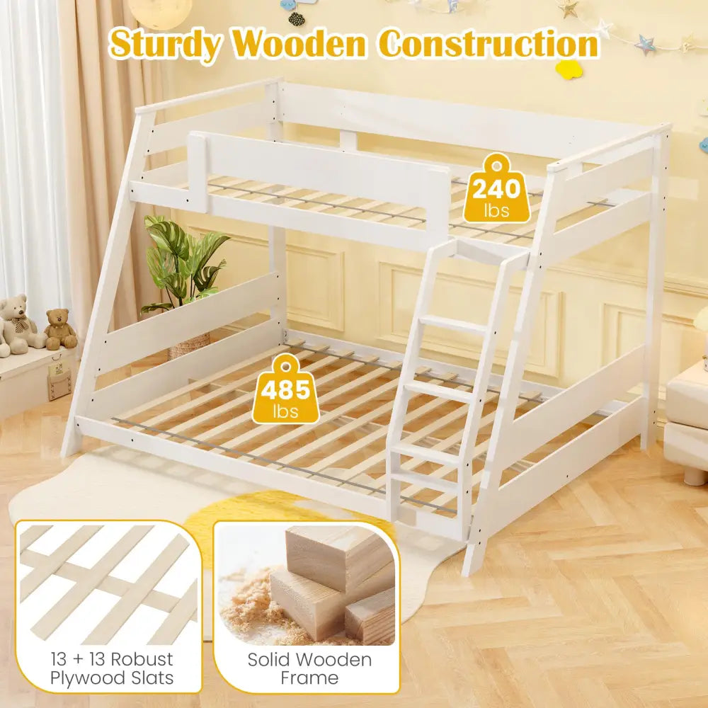 Twin Over Full Low Bunk Bed with Reversible Ladder-White - White - Bunk Bed Frame