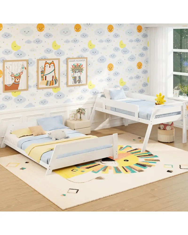 Twin Over Full Low Bunk Bed with Reversible Ladder-White - White - Bunk Bed Frame