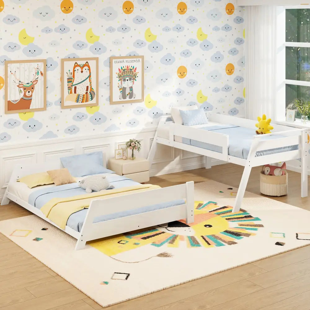 Twin Over Full Low Bunk Bed with Reversible Ladder-White - White - Bunk Bed Frame