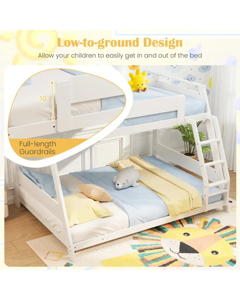 Twin Over Full Low Bunk Bed with Reversible Ladder-White - White - Bunk Bed Frame