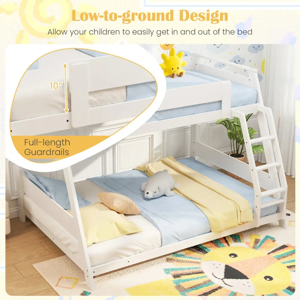 Twin Over Full Low Bunk Bed with Reversible Ladder-White - White - Bunk Bed Frame
