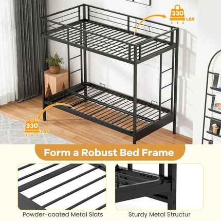 Twin Over Futon Bunk Bed with 2 Ladders and Safety Guardrails-Black - Black - Bunk Bed Frame