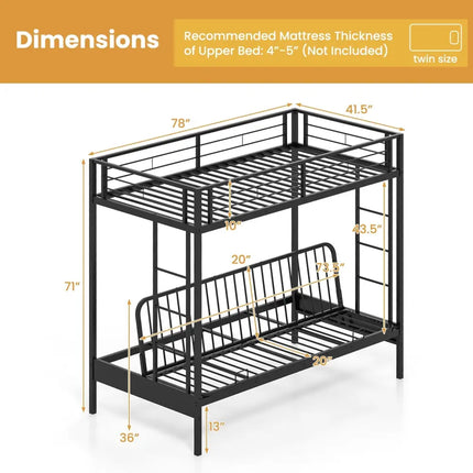 Twin Over Futon Bunk Bed with 2 Ladders and Safety Guardrails-Black - Black - Bunk Bed Frame