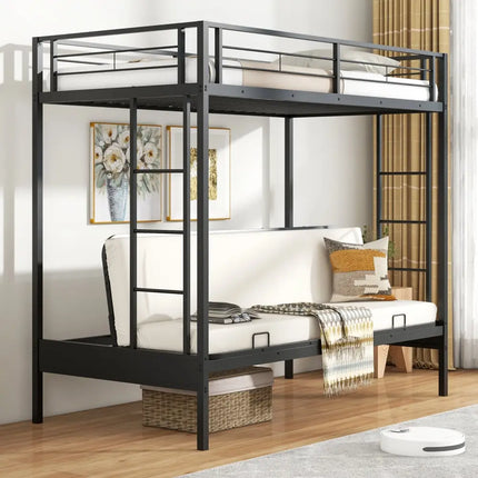 Twin Over Futon Bunk Bed with 2 Ladders and Safety Guardrails-Black - Black - Bunk Bed Frame