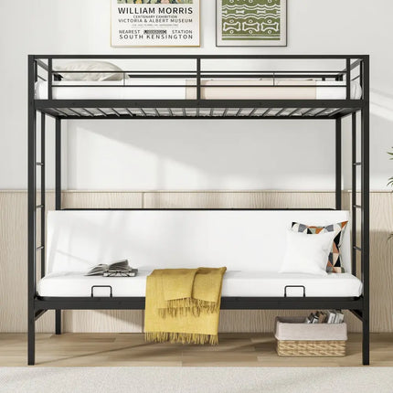 Twin Over Futon Bunk Bed with 2 Ladders and Safety Guardrails-Black - Black - Bunk Bed Frame