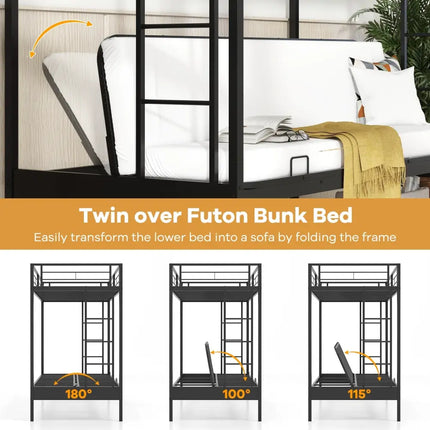 Twin Over Futon Bunk Bed with 2 Ladders and Safety Guardrails-Black - Black - Bunk Bed Frame