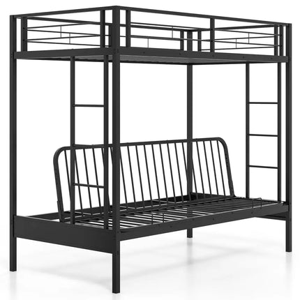 Twin Over Futon Bunk Bed with 2 Ladders and Safety Guardrails-Black - Black - Bunk Bed Frame