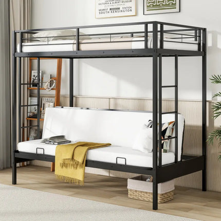 Twin Over Futon Bunk Bed with 2 Ladders and Safety Guardrails-Black - Black - Bunk Bed Frame