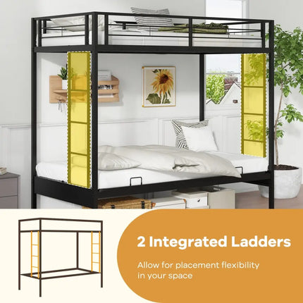 Twin Over Futon Bunk Bed with 2 Ladders and Safety Guardrails-Black - Black - Bunk Bed Frame