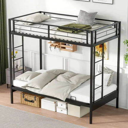 Twin Over Futon Bunk Bed with 2 Ladders and Safety Guardrails-Black - Black - Bunk Bed Frame