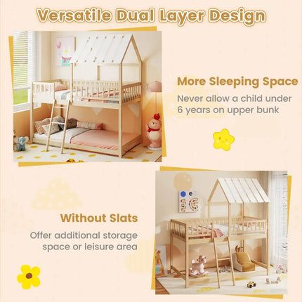 Twin Over Twin House Bunk Bed with Roof and Full-length Guardrails for Kids Teens Boys Girls-Natural - Natural - Bunk