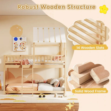 Twin Over Twin House Bunk Bed with Roof and Full-length Guardrails for Kids Teens Boys Girls-Natural - Natural - Bunk