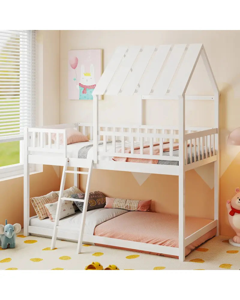 Twin Over Twin House Bunk Bed with Roof and Full-length Guardrails for Kids Teens Boys Girls-White - White - Bunk Bed