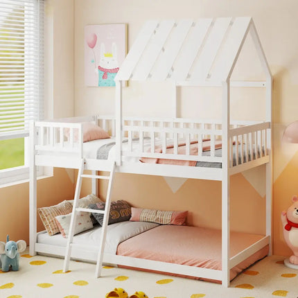 Twin Over Twin House Bunk Bed with Roof and Full-length Guardrails for Kids Teens Boys Girls-White - White - Bunk Bed