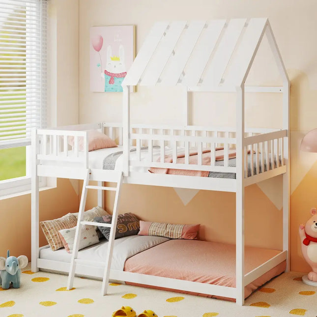Twin Over Twin House Bunk Bed with Roof and Full-length Guardrails for Kids Teens Boys Girls-White - White - Bunk Bed