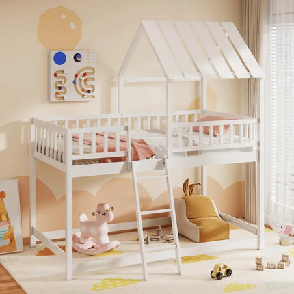 Twin Over Twin House Bunk Bed with Roof and Full-length Guardrails for Kids Teens Boys Girls-White - White - Bunk Bed