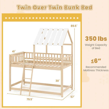 Twin Over Twin House Bunk Bed with Roof and Full-length Guardrails for Kids Teens Boys Girls-Natural - Natural - Bunk
