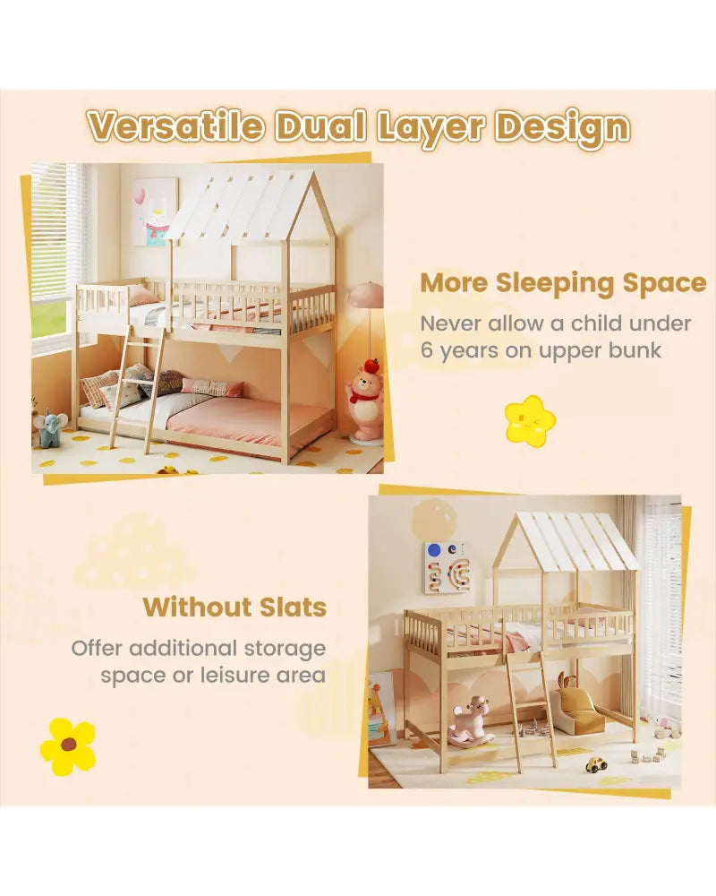 Twin Over Twin House Bunk Bed with Roof and Full-length Guardrails for Kids Teens Boys Girls-Natural - Natural - Bunk
