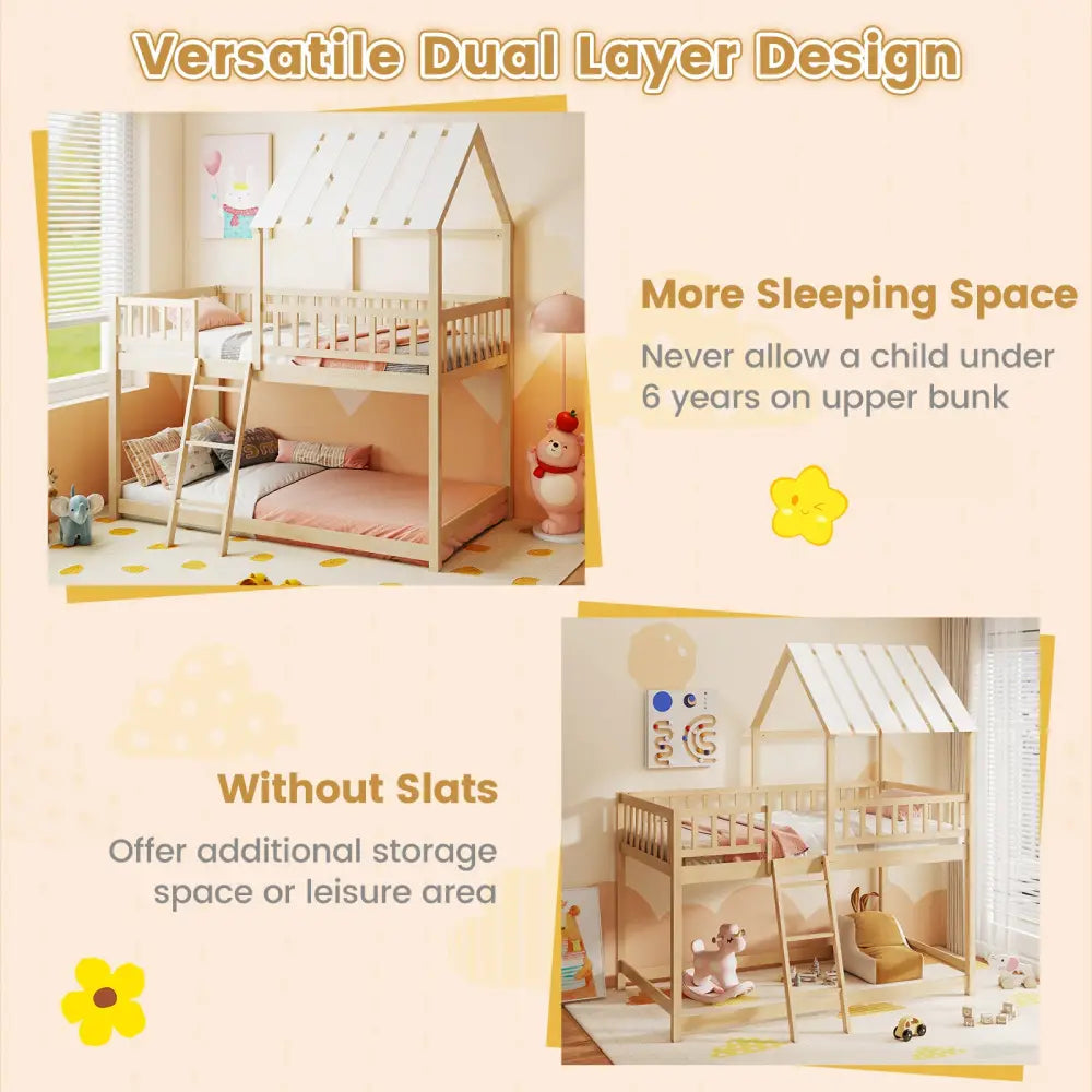 Twin Over Twin House Bunk Bed with Roof and Full-length Guardrails for Kids Teens Boys Girls-Natural - Natural - Bunk