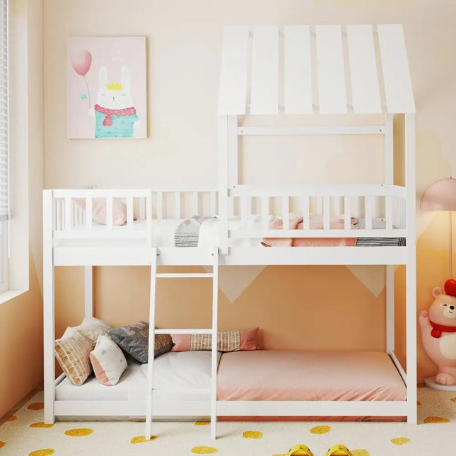 Twin Over Twin House Bunk Bed with Roof and Full-length Guardrails for Kids Teens Boys Girls-White - White - Bunk Bed