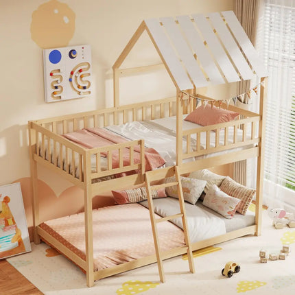 Twin Over Twin House Bunk Bed with Roof and Full-length Guardrails for Kids Teens Boys Girls-Natural - Natural - Bunk