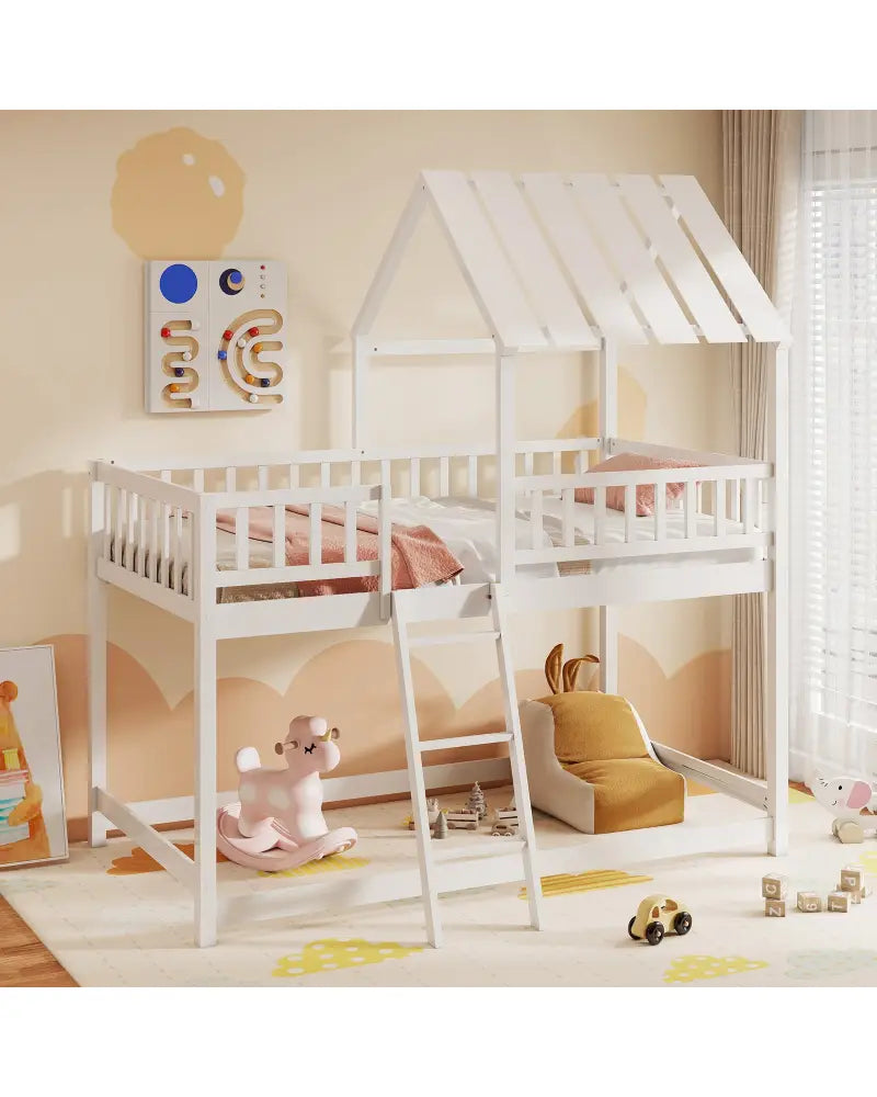 Twin Over Twin House Bunk Bed with Roof and Full-length Guardrails for Kids Teens Boys Girls-White - White - Bunk Bed