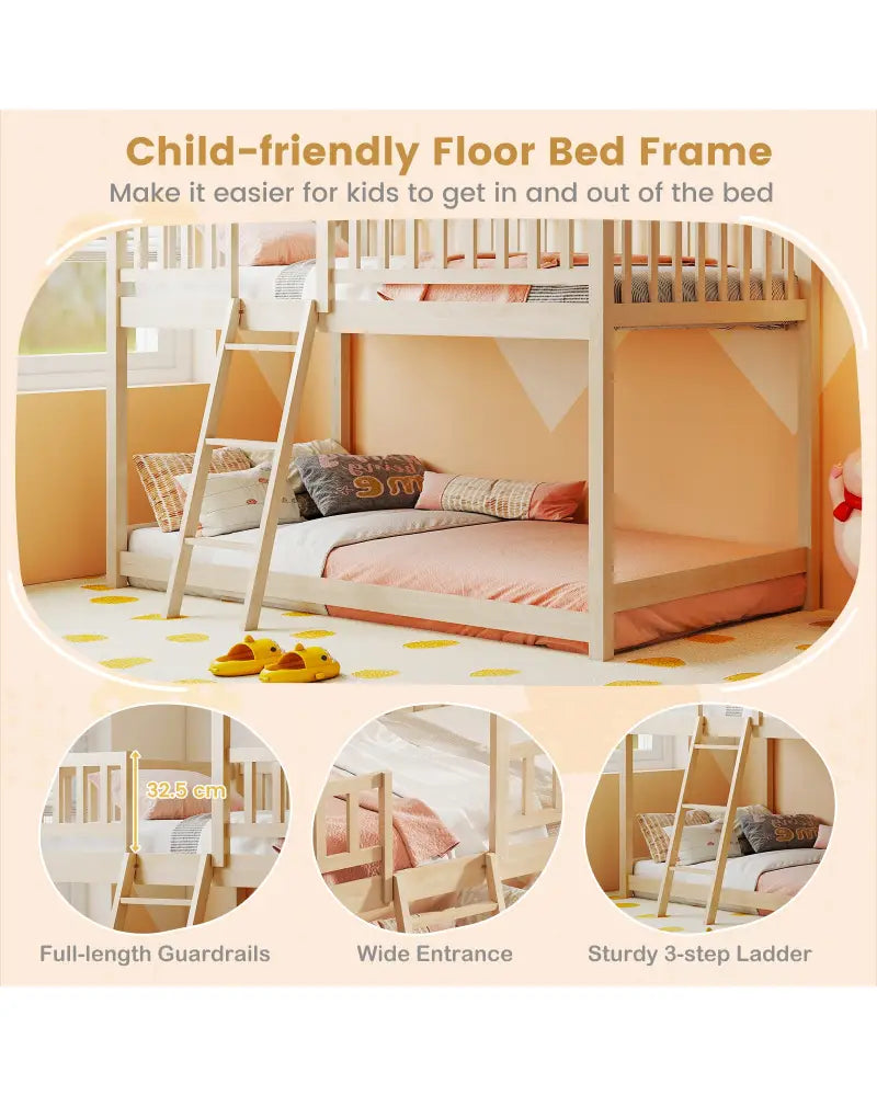 Twin Over Twin House Bunk Bed with Roof and Full-length Guardrails for Kids Teens Boys Girls-Natural - Natural - Bunk