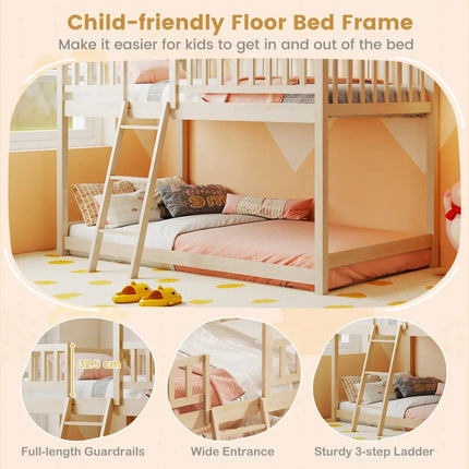 Twin Over Twin House Bunk Bed with Roof and Full-length Guardrails for Kids Teens Boys Girls-Natural - Natural - Bunk