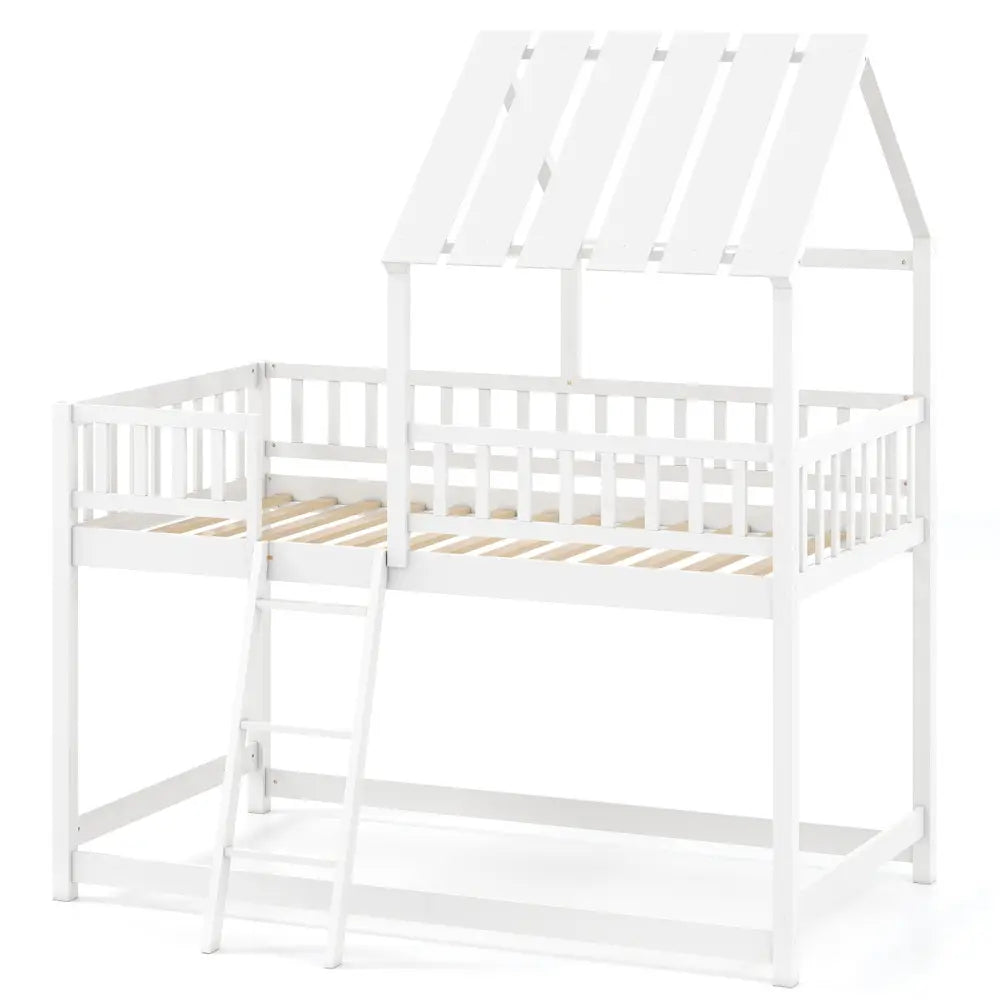 Twin Over Twin House Bunk Bed with Roof and Full-length Guardrails for Kids Teens Boys Girls-White - White - Bunk Bed