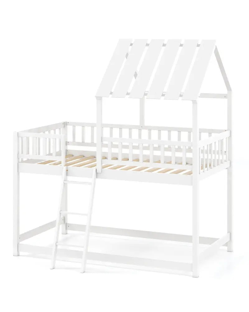 Twin Over Twin House Bunk Bed with Roof and Full-length Guardrails for Kids Teens Boys Girls-White - White - Bunk Bed
