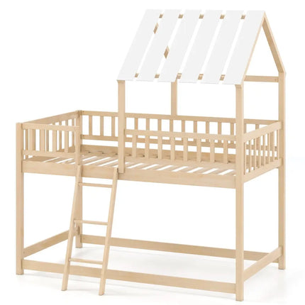 Twin Over Twin House Bunk Bed with Roof and Full-length Guardrails for Kids Teens Boys Girls-Natural - Natural - Bunk