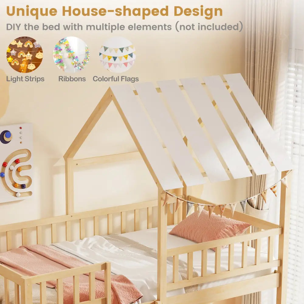 Twin Over Twin House Bunk Bed with Roof and Full-length Guardrails for Kids Teens Boys Girls-Natural - Natural - Bunk