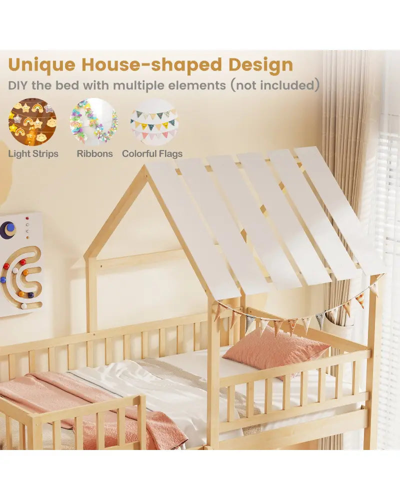 Twin Over Twin House Bunk Bed with Roof and Full-length Guardrails for Kids Teens Boys Girls-Natural - Natural - Bunk