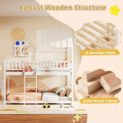 Twin Over Twin House Bunk Bed with Roof and Full-length Guardrails for Kids Teens Boys Girls-White - White - Bunk Bed