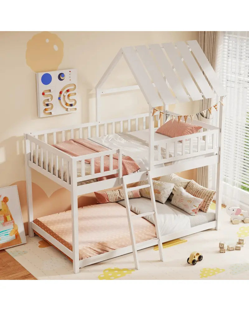 Twin Over Twin House Bunk Bed with Roof and Full-length Guardrails for Kids Teens Boys Girls-White - White - Bunk Bed