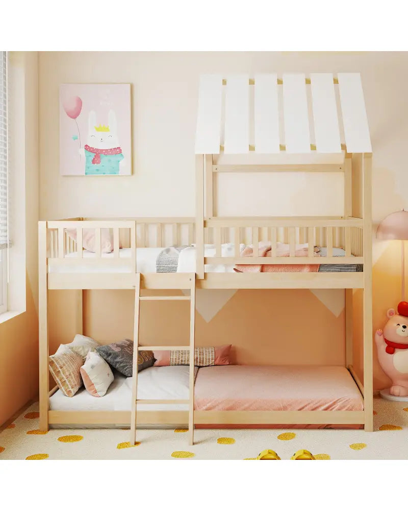 Twin Over Twin House Bunk Bed with Roof and Full-length Guardrails for Kids Teens Boys Girls-Natural - Natural - Bunk